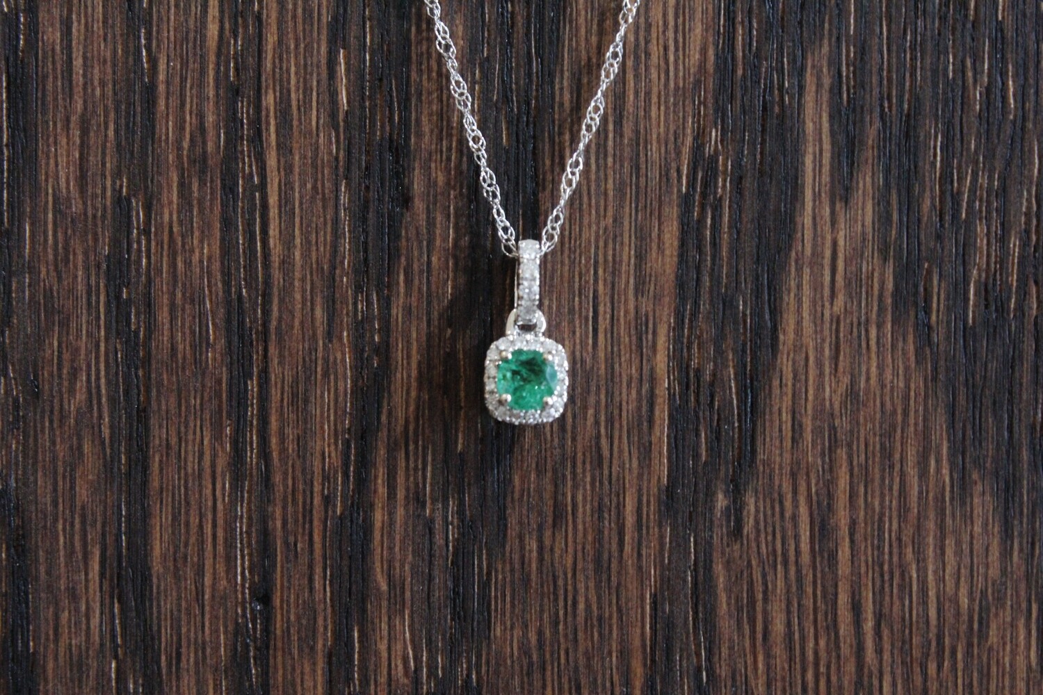 14kw .19ct Total Emerald &amp; Diamond Halo Necklace, 1 Emerald at .14ct &amp; 20 Round Diamonds at .05ct Total 