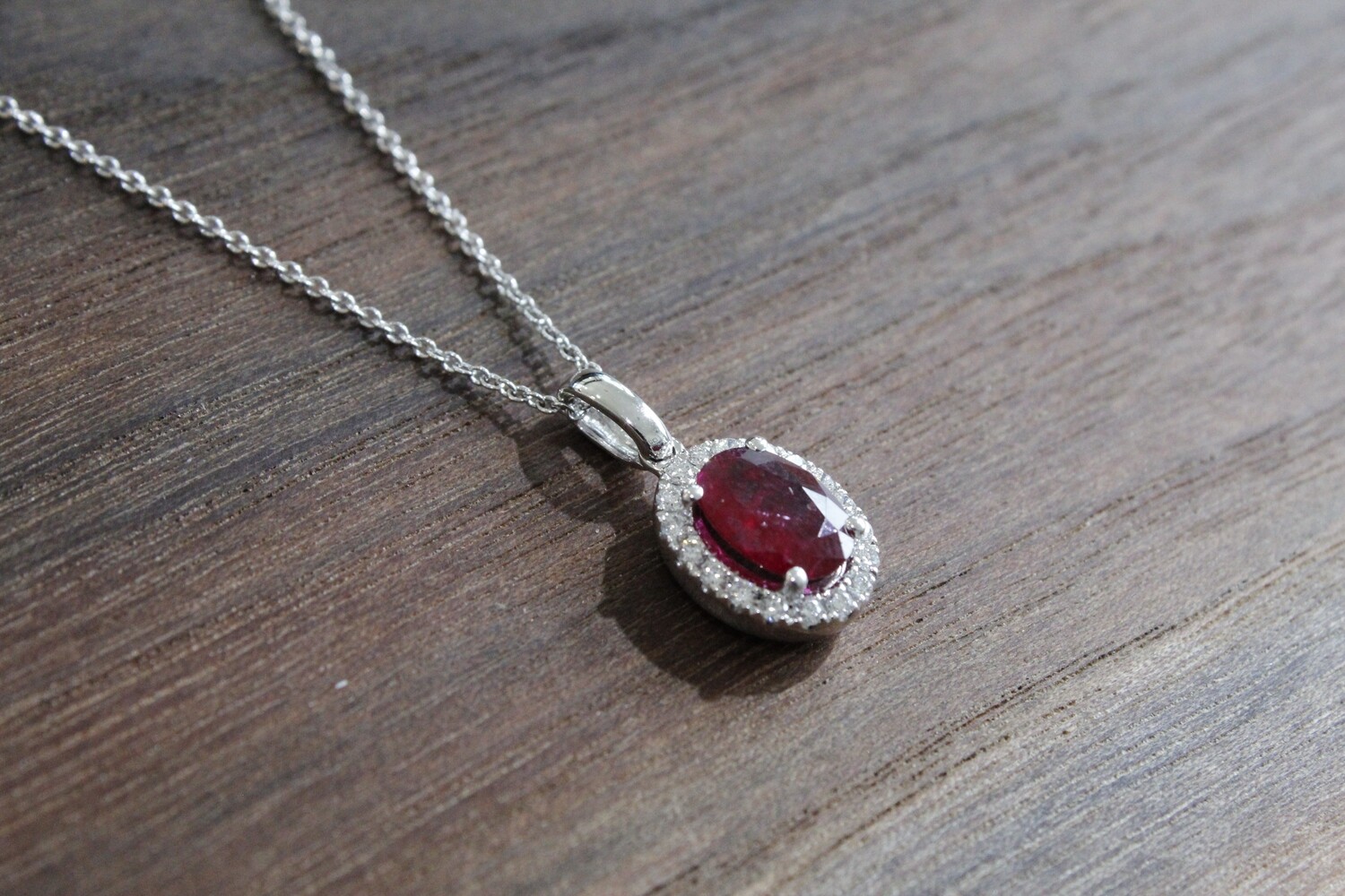 14kw 1.27ct Total Ruby Halo Necklace, Ruby at 1.10ct &amp; 18 Round Diamonds at .17ct Total