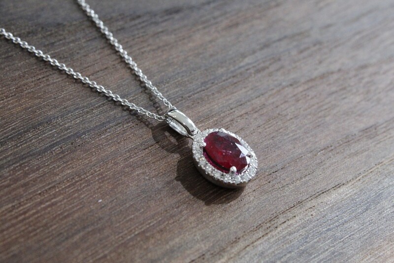14kw 1.27ct Total Ruby Halo Necklace, Ruby at 1.10ct &amp; 18 Round Diamonds at .17ct Total