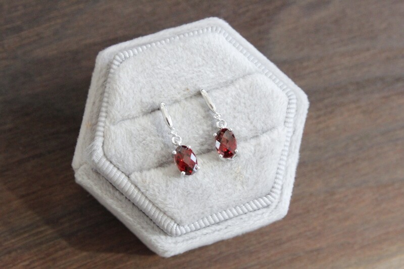10kw Oval Garnet with Diamond Accent Dangle Post Earrings 