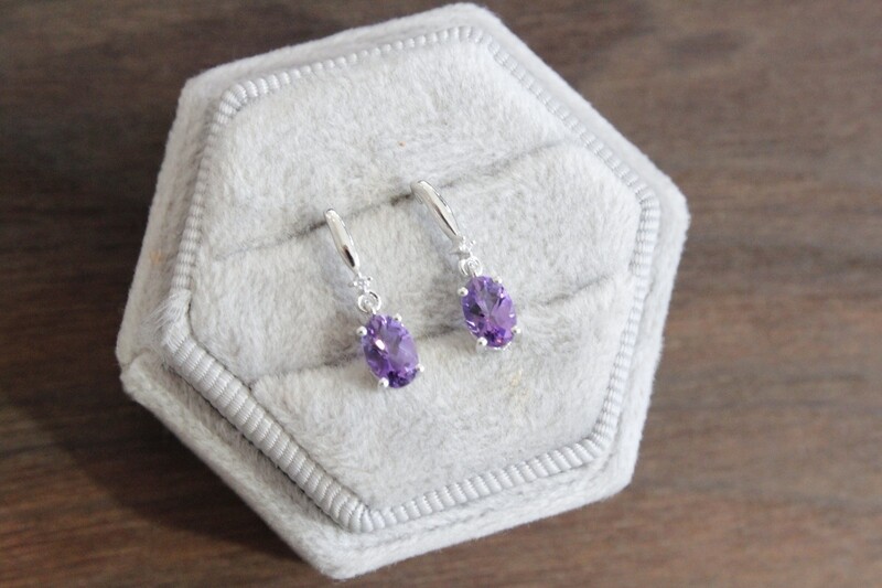 10kw Oval Amethyst with Diamond Accent Dangle Post Earrings