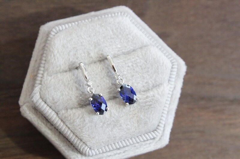 10kw Oval Created Sapphire with Diamond Accent Dangle Post Earrings