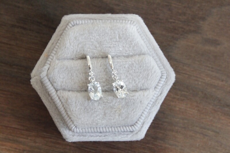 10kw Oval White Topaz with Diamond Accent Dangle Post Earrings