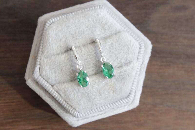 10kw Oval Created Emerald with Diamond Accent Dangle Post Earrings 