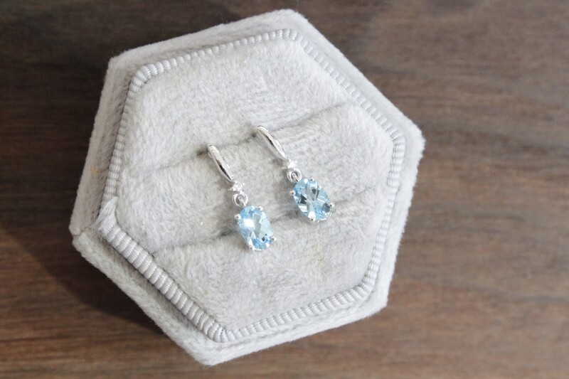 10kw Oval Blue Topaz with Diamond Accent Dangle Post Earrings 