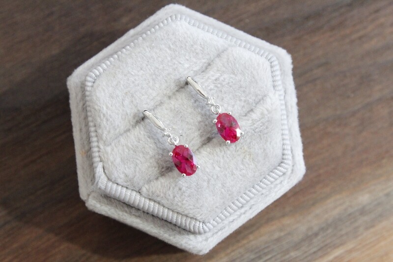 10kw Oval Created Ruby with Diamond Accent Dangle Post Earrings