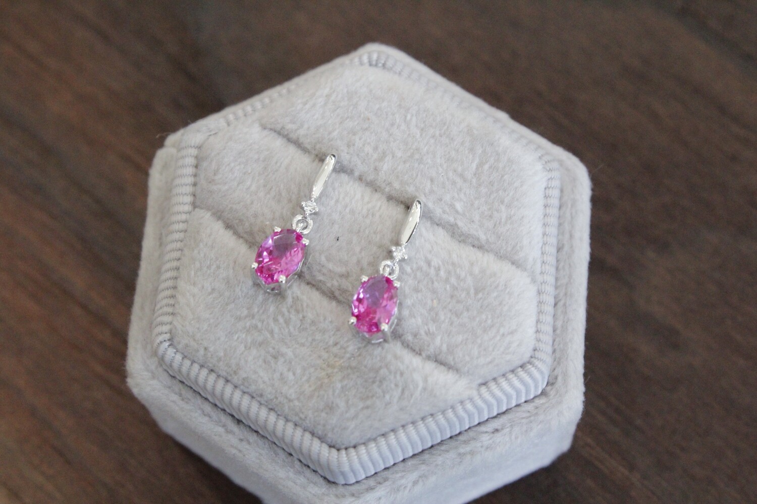 10kw Oval Created Pink Sapphire with Diamond Accent Dangle Post Earrings 