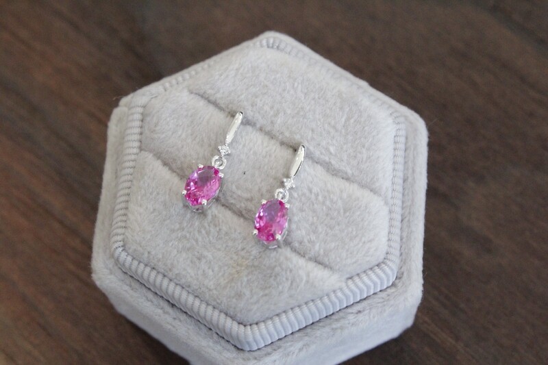 10kw Oval Created Pink Sapphire with Diamond Accent Dangle Post Earrings 