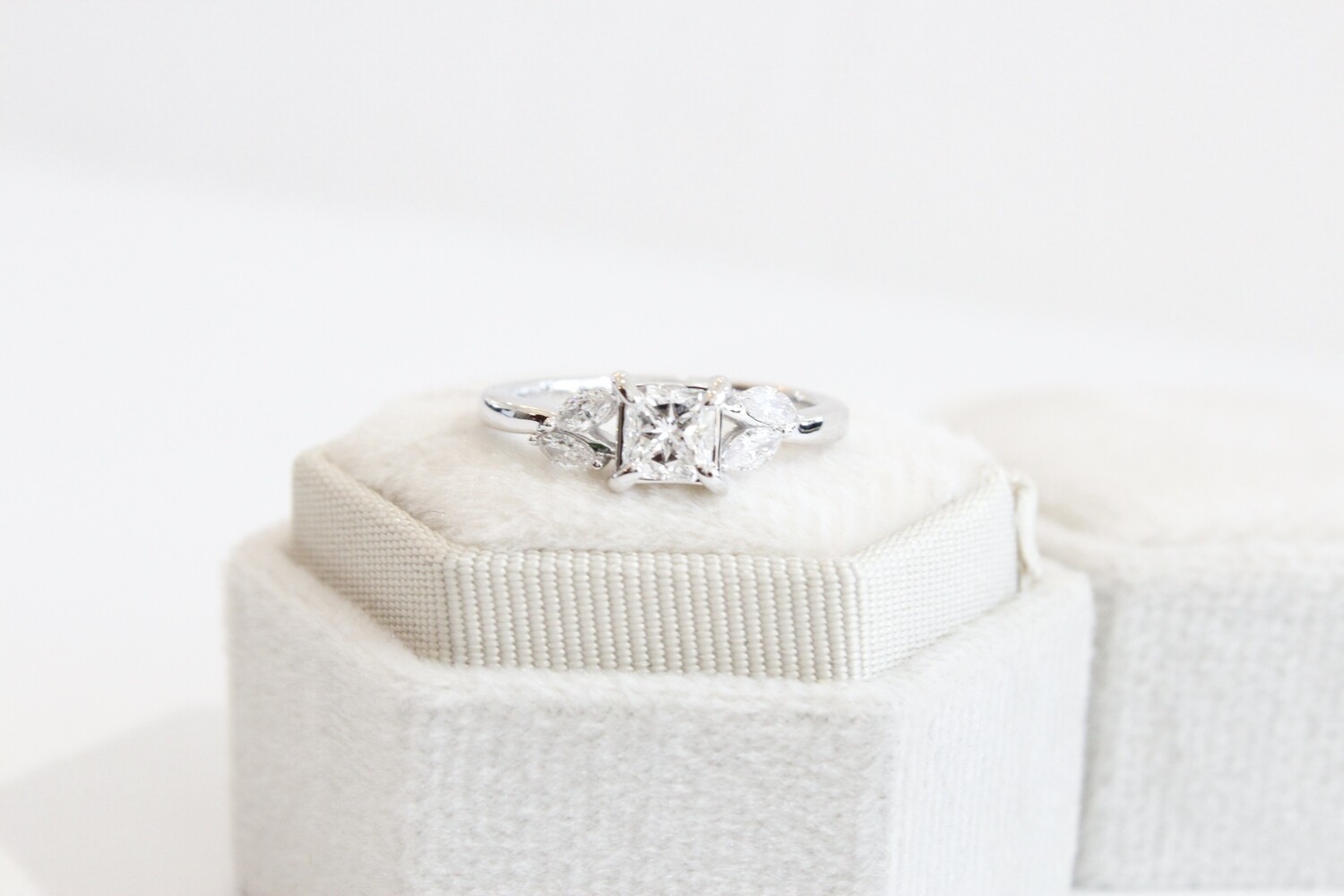 14kw .84ct Total Cushion Cut Center with Marquise Diamond Sides Ring, 1 at .64ct &amp; 4 at .20ct Total 