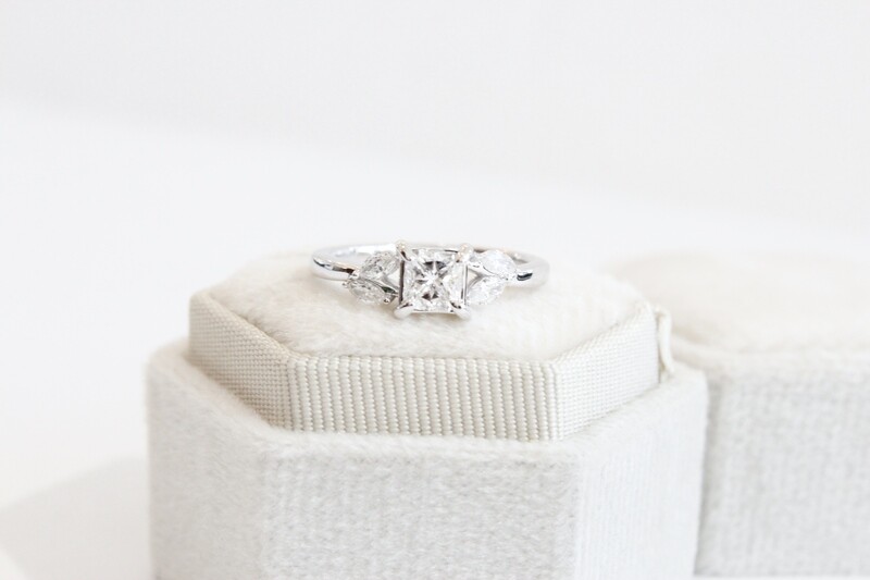14kw .84ct Total Cushion Cut Center with Marquise Diamond Sides Ring, 1 at .64ct &amp; 4 at .20ct Total 