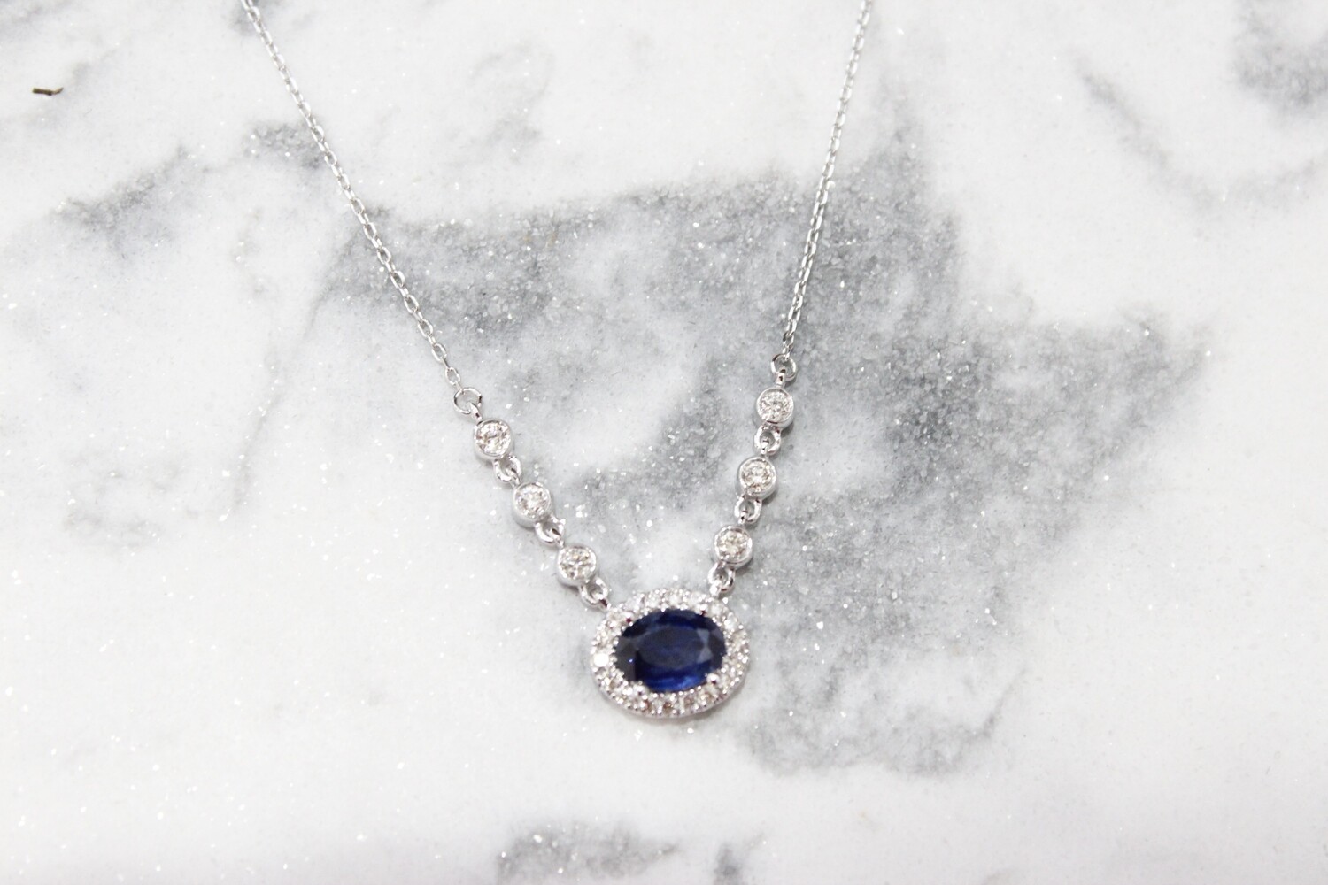 14kw 1.29ct Total Sapphire &amp; Diamond Halo/ Chain Necklace, Sapphire at 1ct