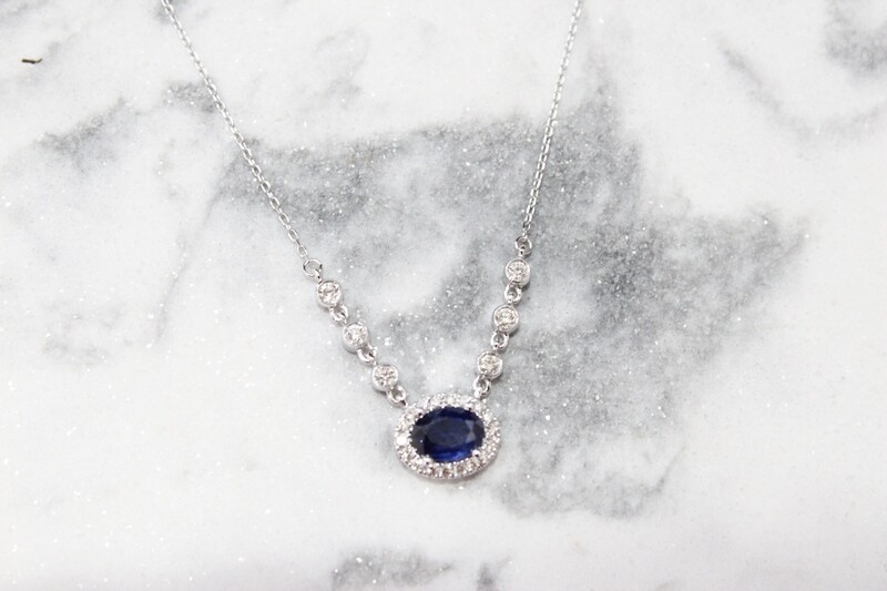 14kw 1.29ct Total Sapphire &amp; Diamond Halo/ Chain Necklace, Sapphire at 1ct