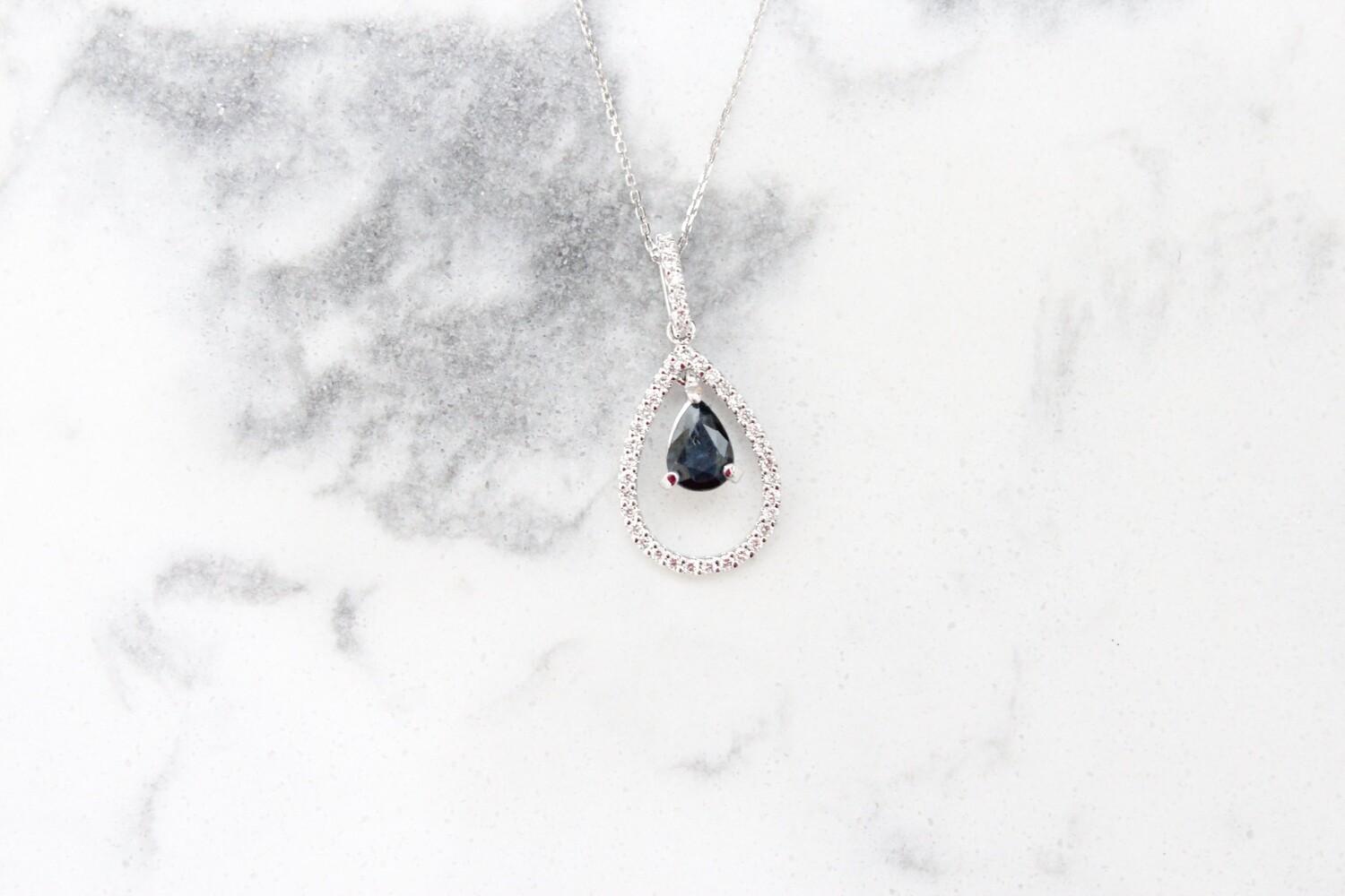 18kw Dangle Pear Sapphire &amp; Diamond Necklace, Sapphire at .35ct &amp; 39 Diamonds at .27ct Total on 10kw 20in Cable Chain 