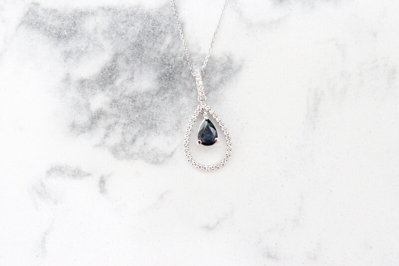 18kw Dangle Pear Sapphire &amp; Diamond Necklace, Sapphire at .35ct &amp; 39 Diamonds at .27ct Total on 10kw 20in Cable Chain 