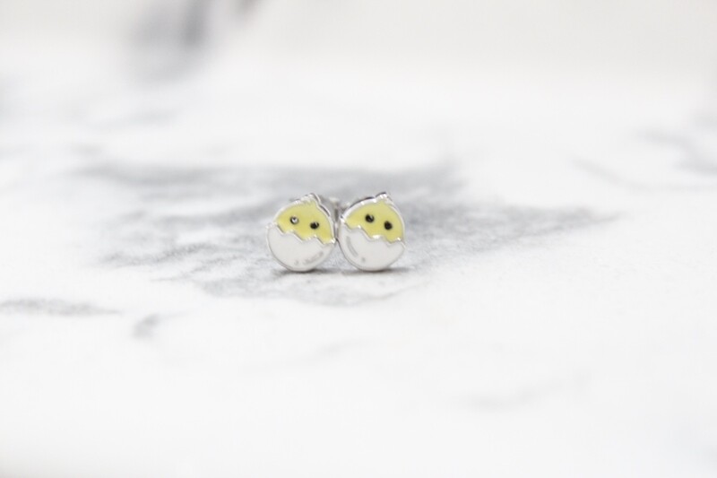 Sterling Silver Enamel Chick in Egg Children&#39;s Post Earrings