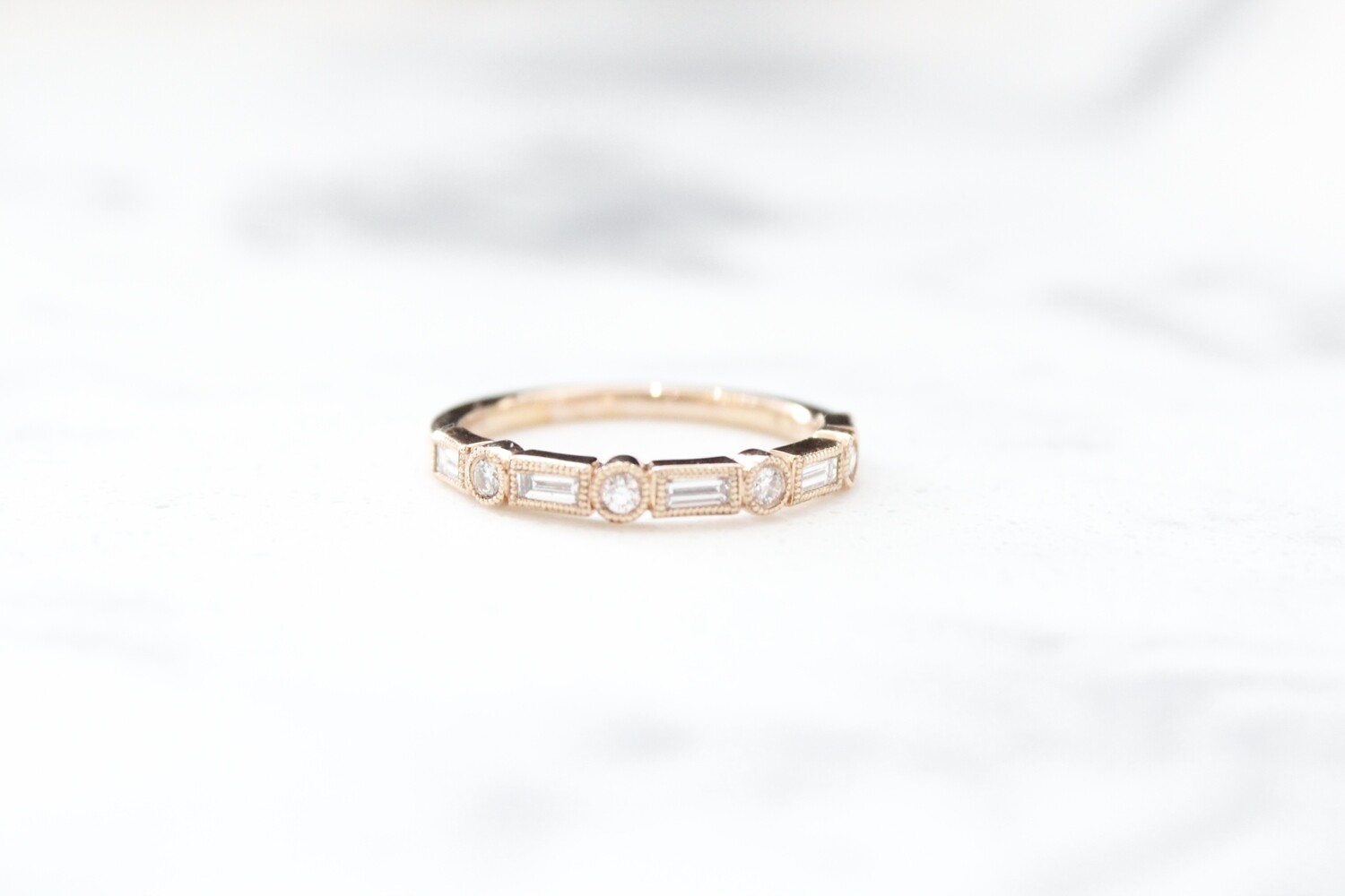 14kr .35ct Total Milgrain Geometric Stack Band, 4 Rounds &amp; 5 Baguettes
