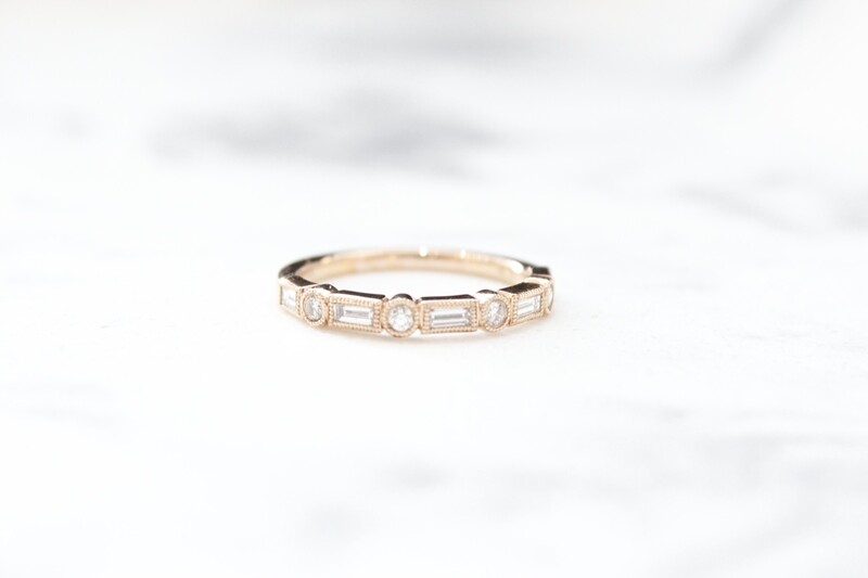 14kr .35ct Total Milgrain Geometric Stack Band, 4 Rounds &amp; 5 Baguettes