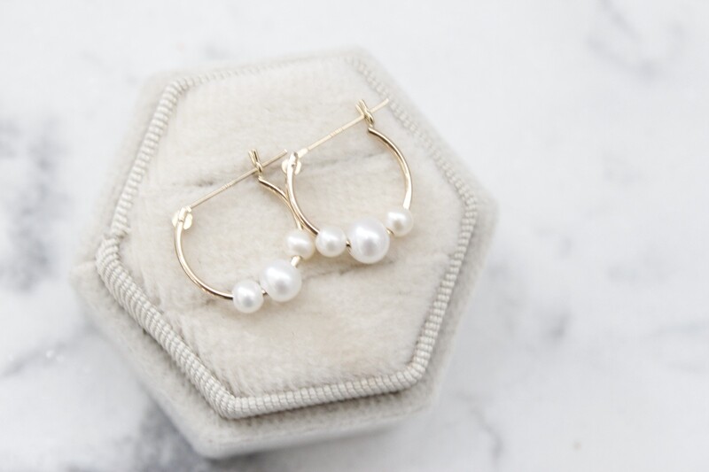14ky White Semi-round Freshwater Cultured 3 Pearl Hoop Earrings