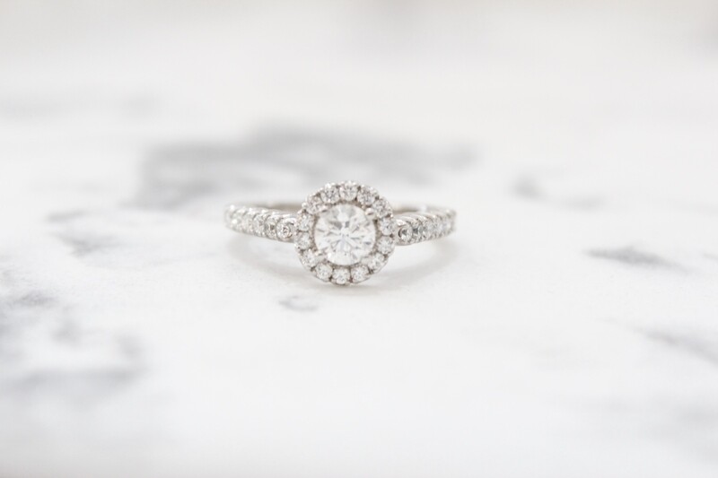 14kw 1ct Total Round Diamond Halo Ring 1 at .50ct &amp; 36 at .50ct Total