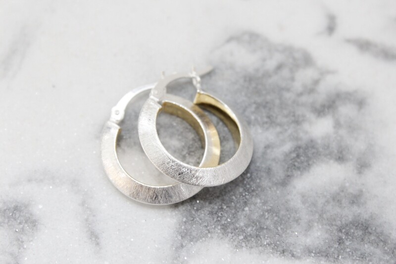 Sterling Silver Brushed Inner Gold Tone 3.25x20mm Hoop Earrings