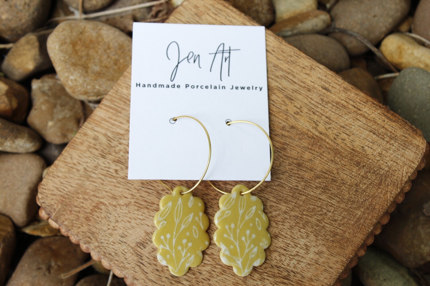 Jen Art Gold Tone Hoop with Yellow Floral Scalloped Drop Handmade Porcelain Earrings Jen Art Gold Tone Hoop with Yellow Floral Scalloped Drop Handmade Porcelain Earrings
