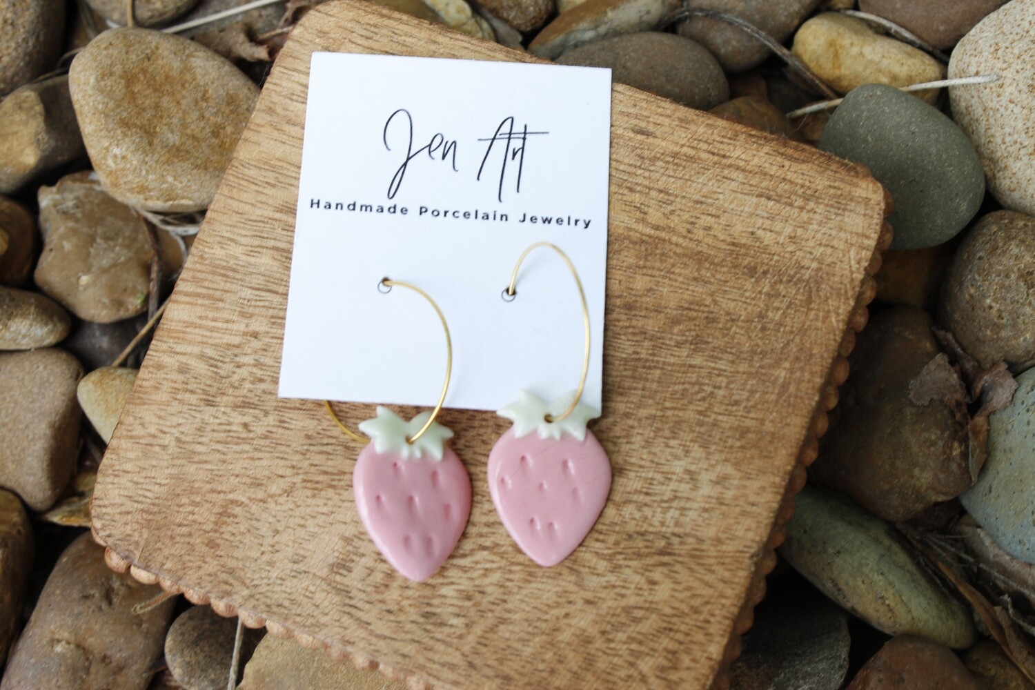 Jen Art Gold Tone Hoop with Pink Strawberry Dangles Handmade Porcelain Earrings Jen Art Gold Tone Hoop with Pink Strawberry Dangles Handmade Porcelain Earrings