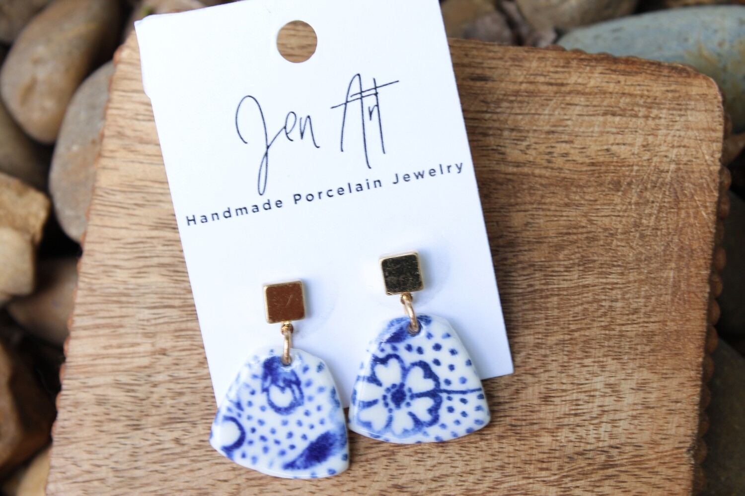 Jen Art Gold Tone Stud with Blue Floral & Dot Print Drop Dangle Handmade Porcelain Earrings Jen Art Gold Tone Stud with Blue Floral & Dot Print Drop Dangle Handmade Porcelain Earrings