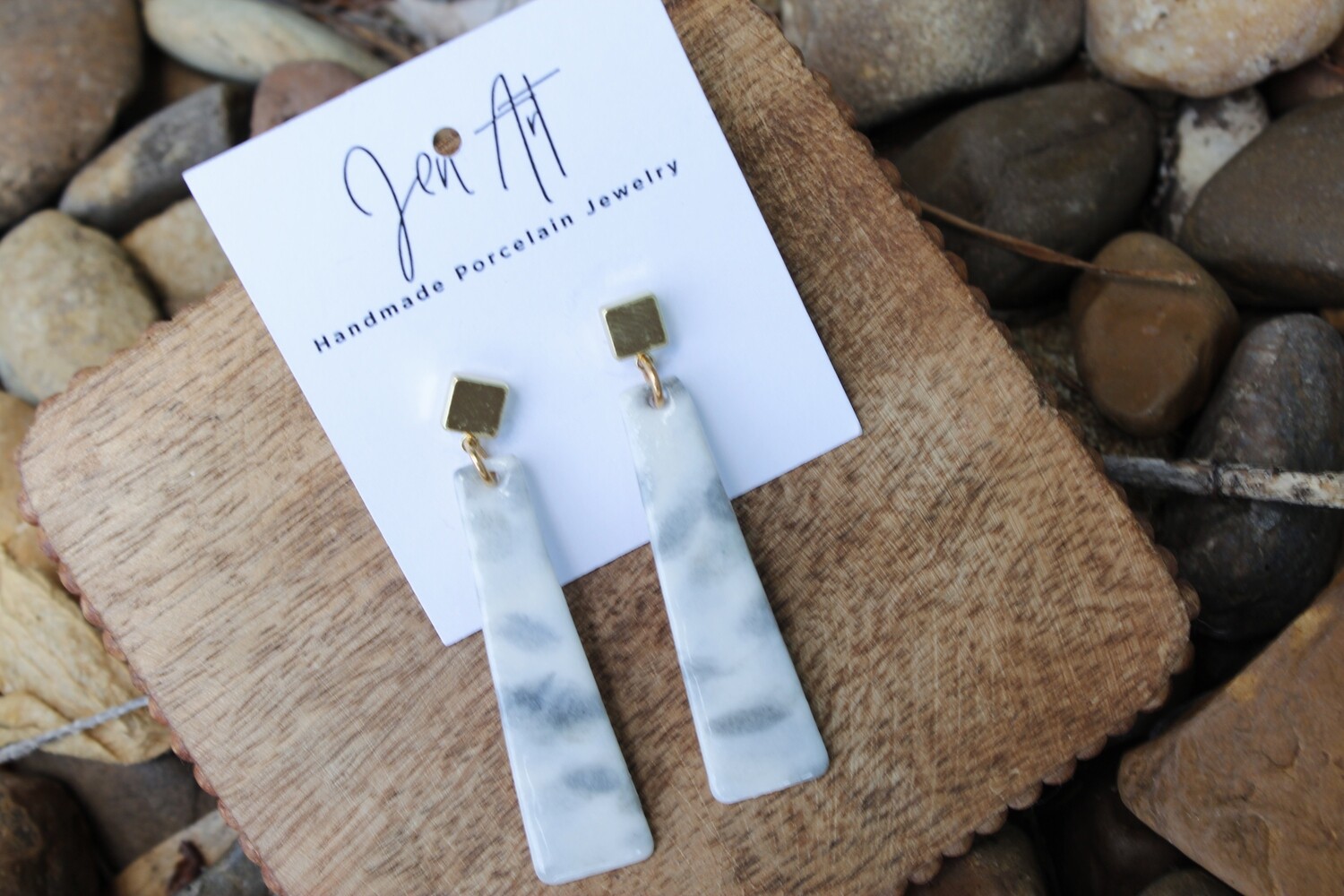 Jen Art Gold Tone Stud with Marble Bar Drop Handmade Porcelain Earrings Jen Art Gold Tone Stud with Marble Bar Drop Handmade Porcelain Earrings