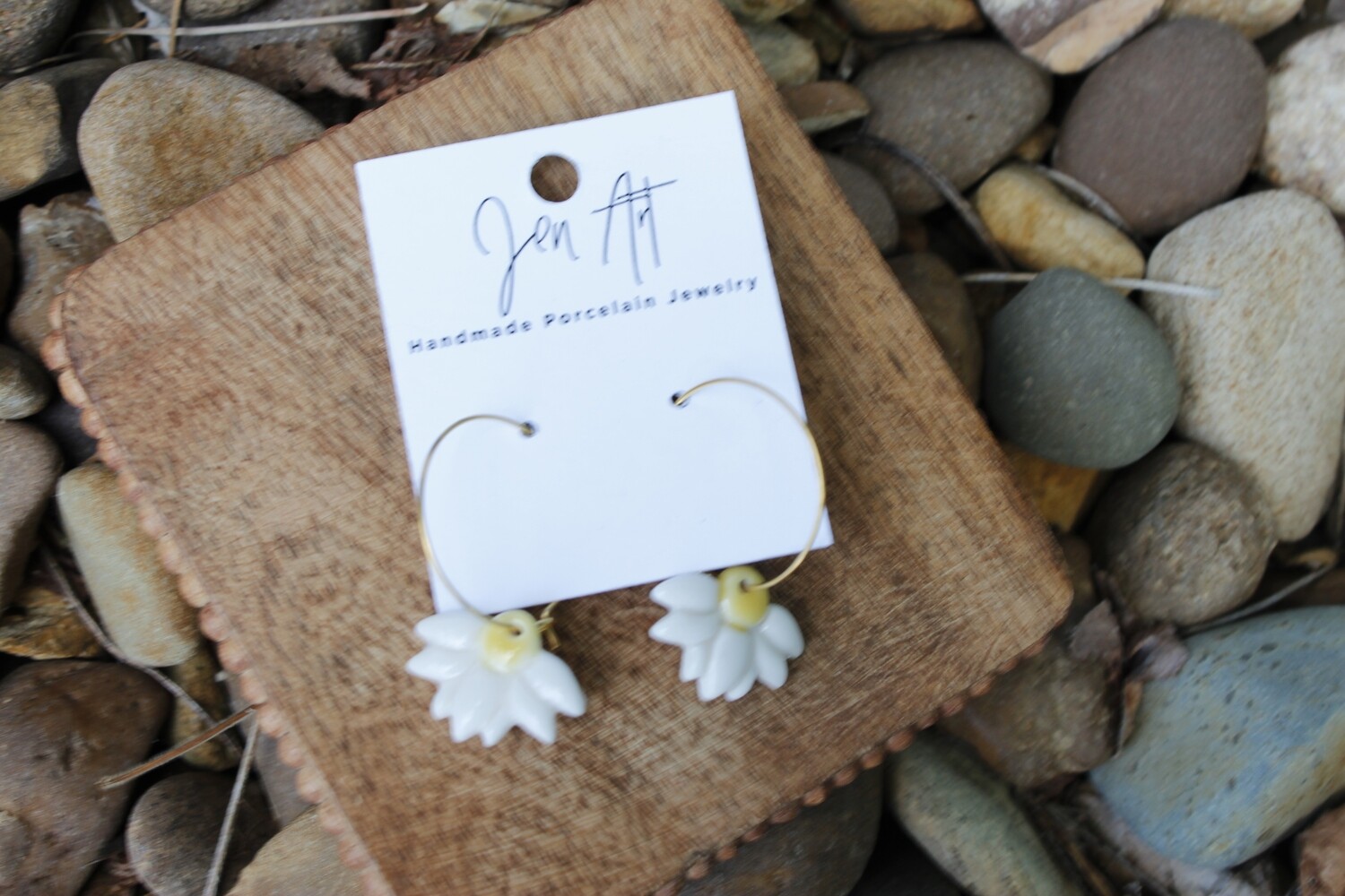 Jen Art Hoop with White Flower Dangle Handmade Porcelain Earrings Jen Art Hoop with White Flower Dangle Handmade Porcelain Earrings