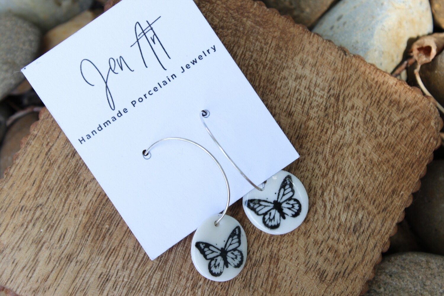 Jen Art Silver Tone Hoop with Round Butterfly Dangle Handmade Porcelain Earrings Jen Art Silver Tone Hoop with Round Butterfly Dangle Handmade Porcelain Earrings