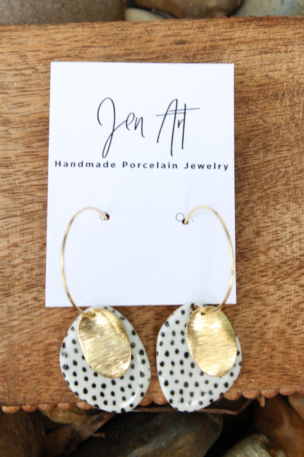 Jen Art Gold Tone Hoop with Black Dot & Gold Tone Dangle Handmade Porcelain Earrings Jen Art Gold Tone Hoop with Black Dot & Gold Tone Dangle Handmade Porcelain Earrings
