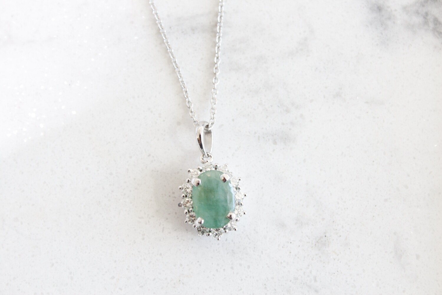14kw Oval Emerald Halo Necklace, 12 Round Diamonds at 1/3ct Total