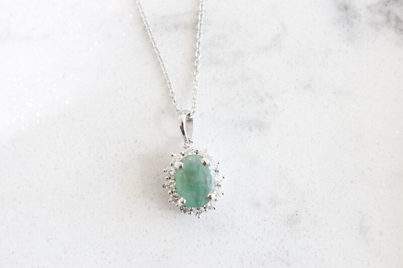 14kw Oval Emerald Halo Necklace, 12 Round Diamonds at 1/3ct Total