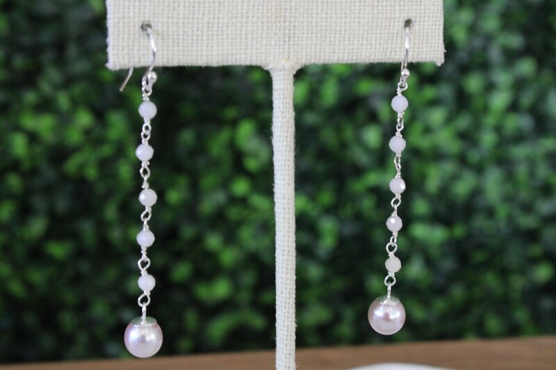 Sterling Silver Pink Opal and Cultured Freshwater Pearl Drop Earrings