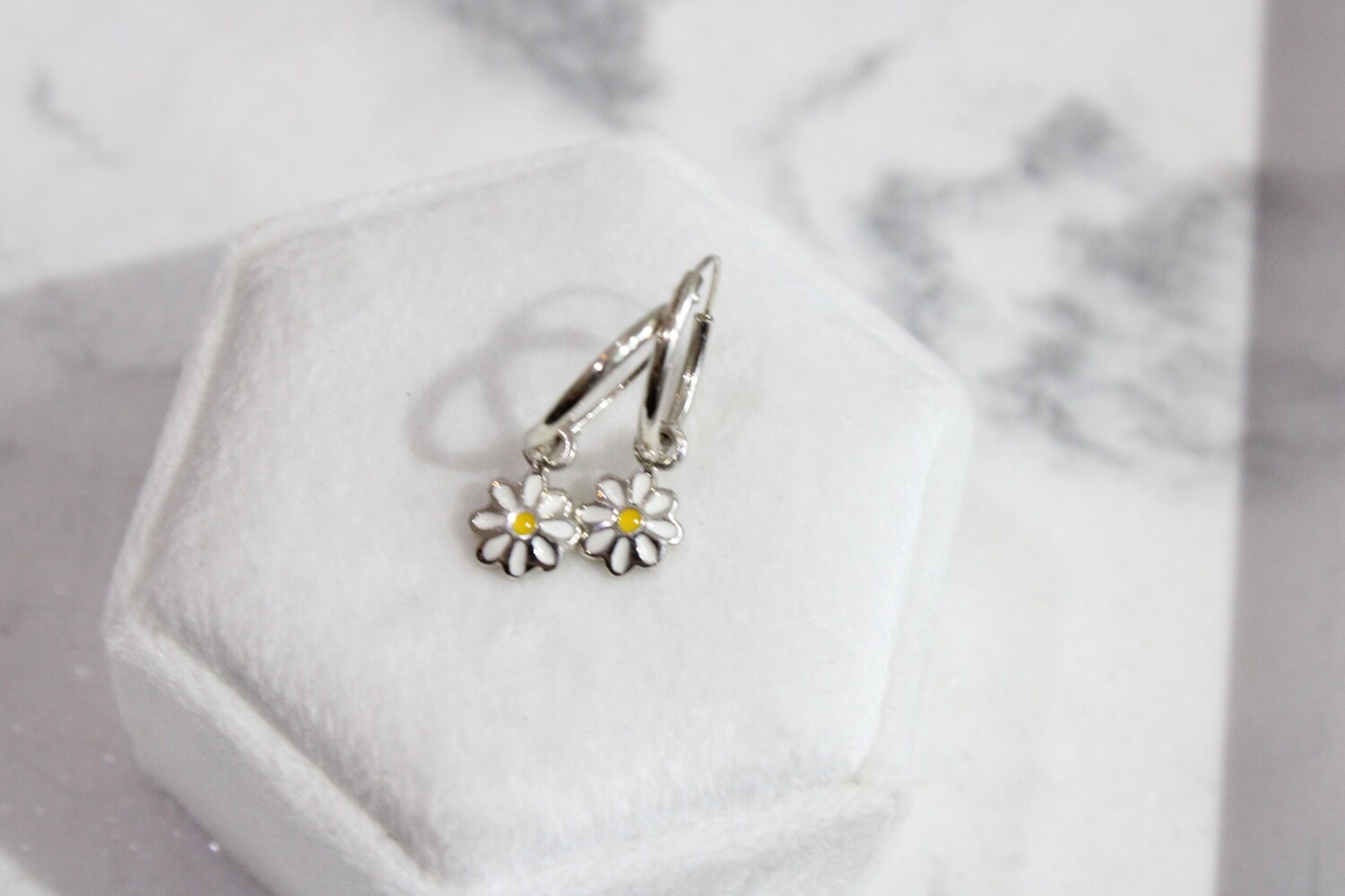 Sterling Silver Yellow and White Enamel Daisy Dangle Children&#39;s Round Hoop Earrings