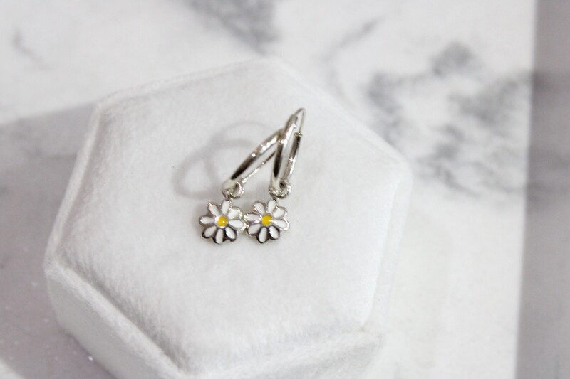 Sterling Silver Yellow and White Enamel Daisy Dangle Children&#39;s Round Hoop Earrings