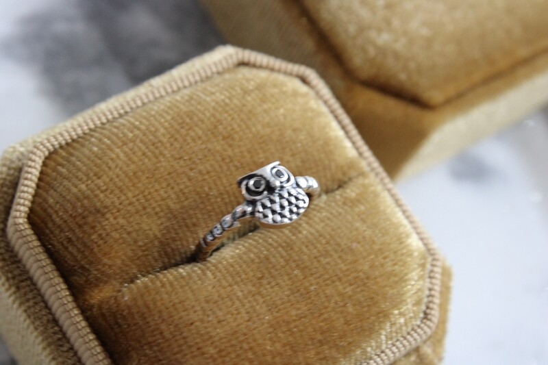 Sterling Silver Small Owl Ring with Black CZ Eyes- Size 3