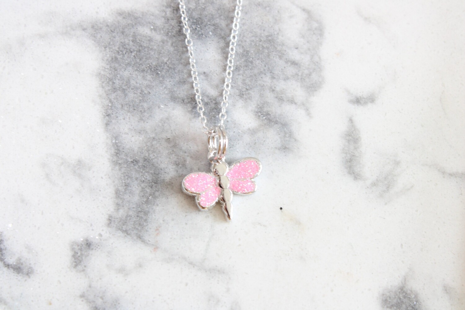 Sterling Silver Glitter Enamel Dragonfly Pendant on 18&quot; 1mm Cable Chain