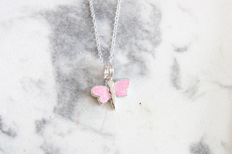 Sterling Silver Glitter Enamel Dragonfly Pendant on 18&quot; 1mm Cable Chain