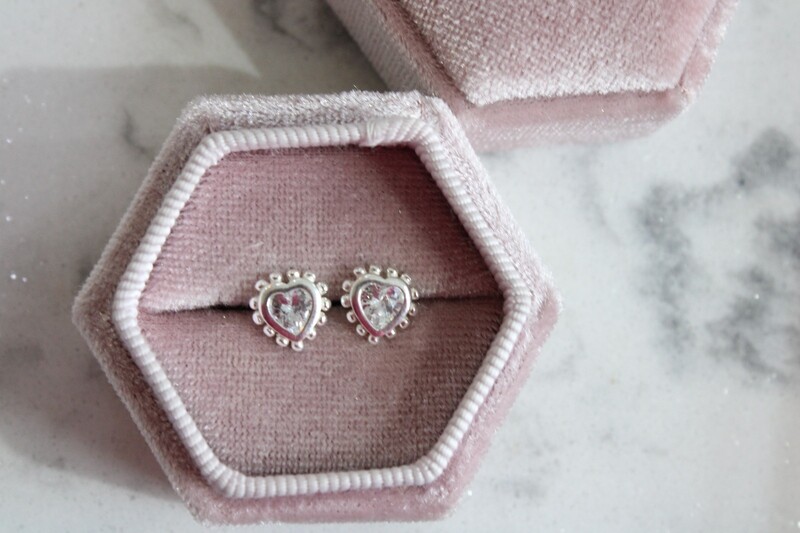 Sterling Silver Polished and Beaded Edge Heart CZ Post Earrings