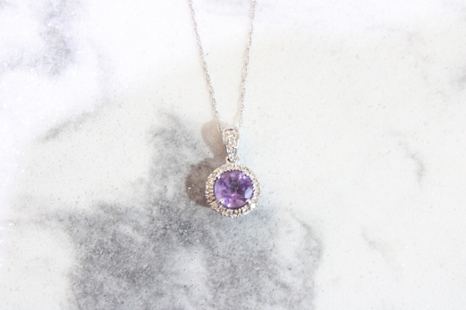 10kw Round Amethyst with Diamond Halo Pendant, .12ct Total Diamond Weight  