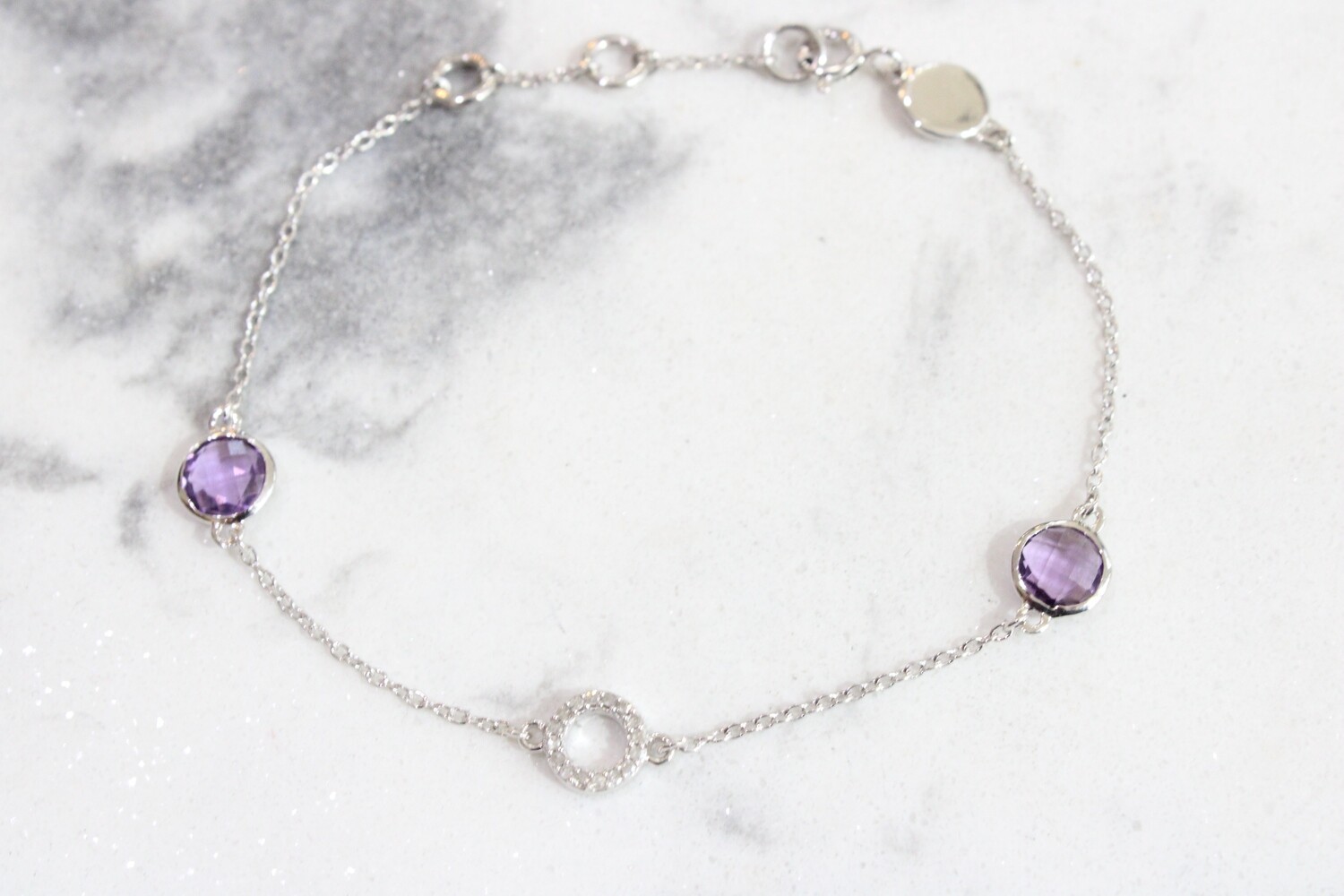 Sterling Silver Diamond Open Circle and Bezel Amethyst 7.25&quot; Bracelet