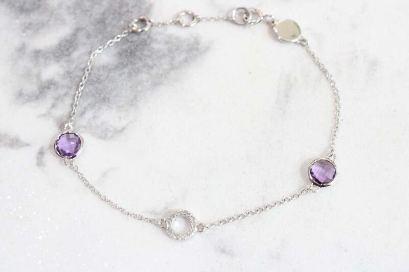 Sterling Silver Diamond Open Circle and Bezel Amethyst 7.25&quot; Bracelet