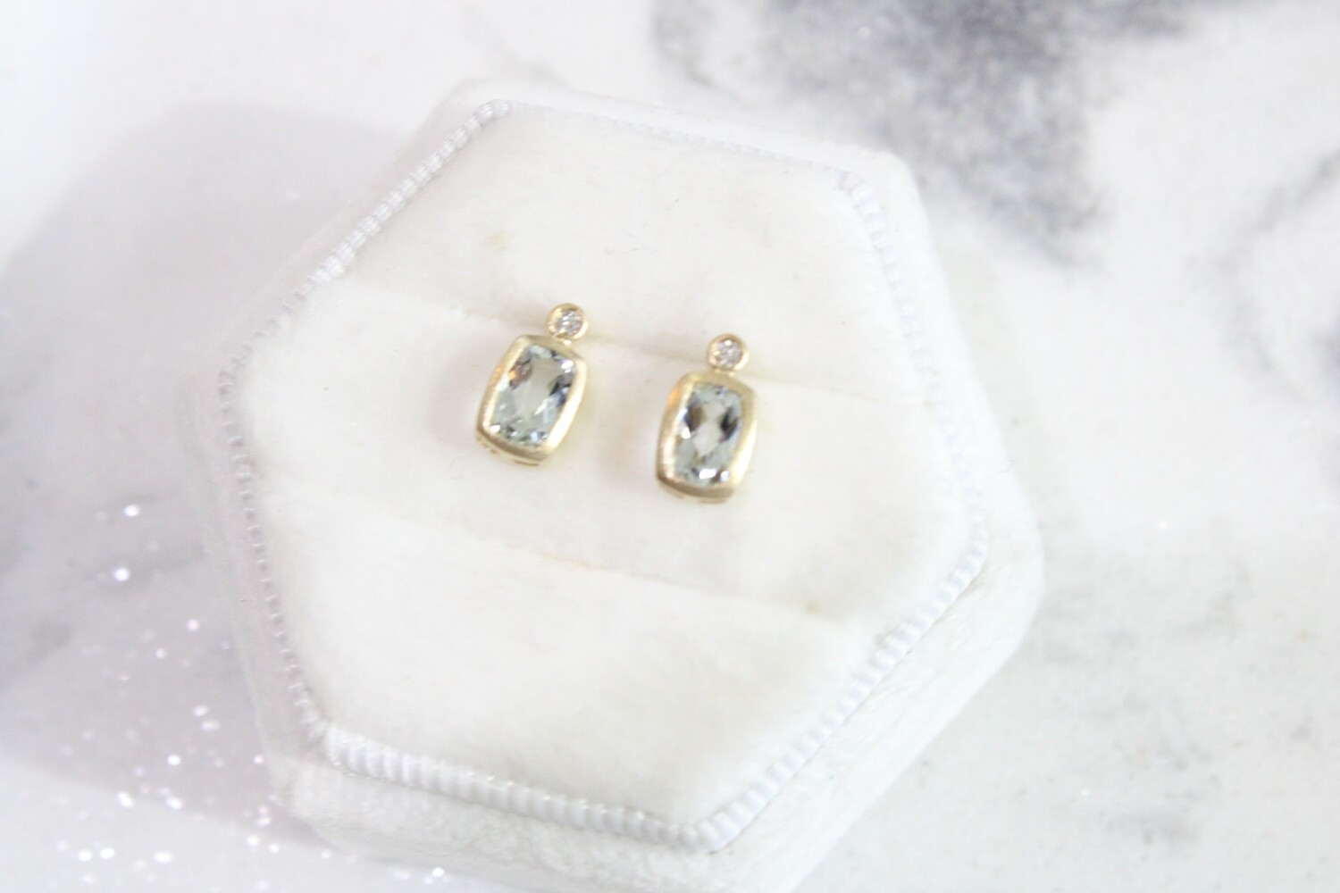 10ky Bezel Elongated Cushion Aquamarine with Diamond Accent Earrings, .03ct Total Diamond 