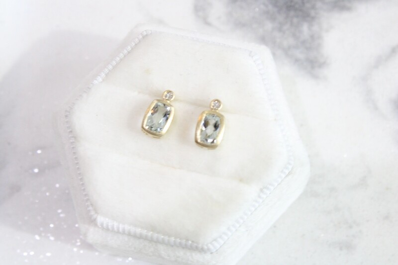 10ky Bezel Elongated Cushion Aquamarine with Diamond Accent Earrings, .03ct Total Diamond 