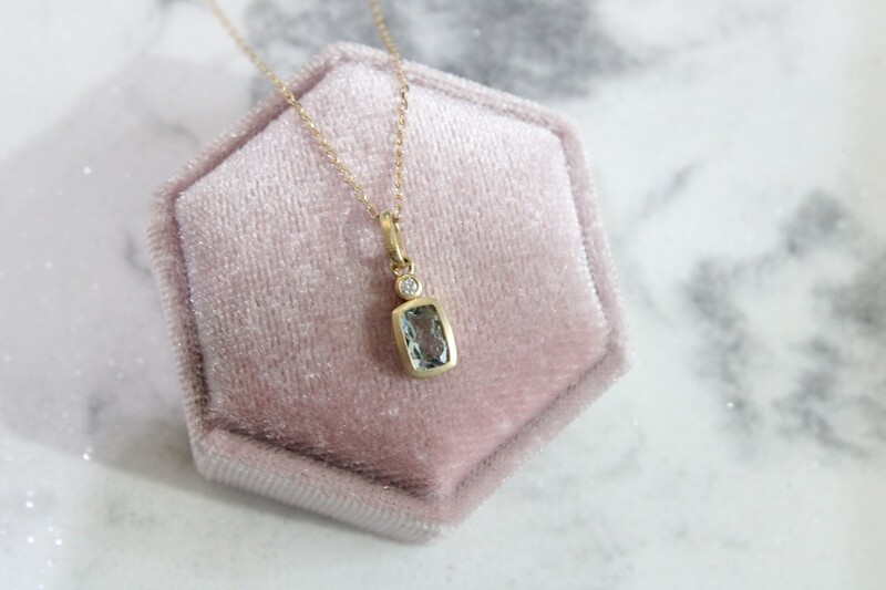 10ky Bezel Elongated Cushion Aquamarine with Diamond Accent Necklace, .015ct Diamond 