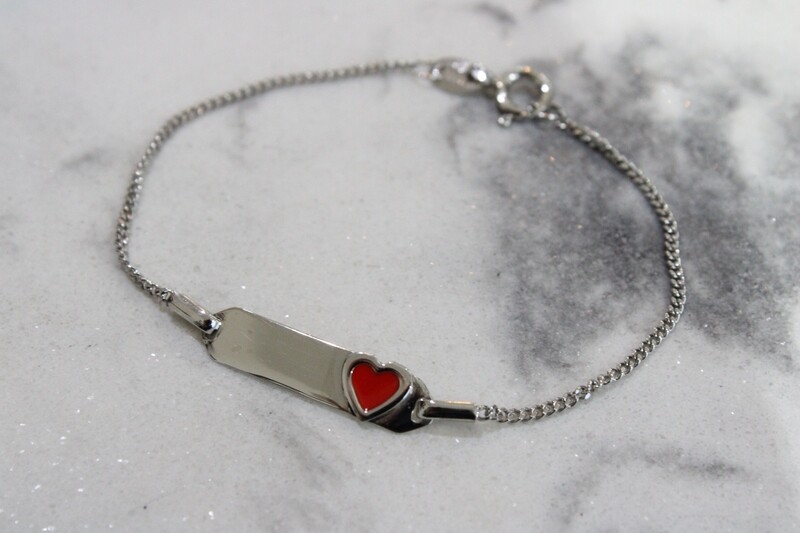 Sterling Silver Enameled Heart Children&#39;s ID 6in Bracelet