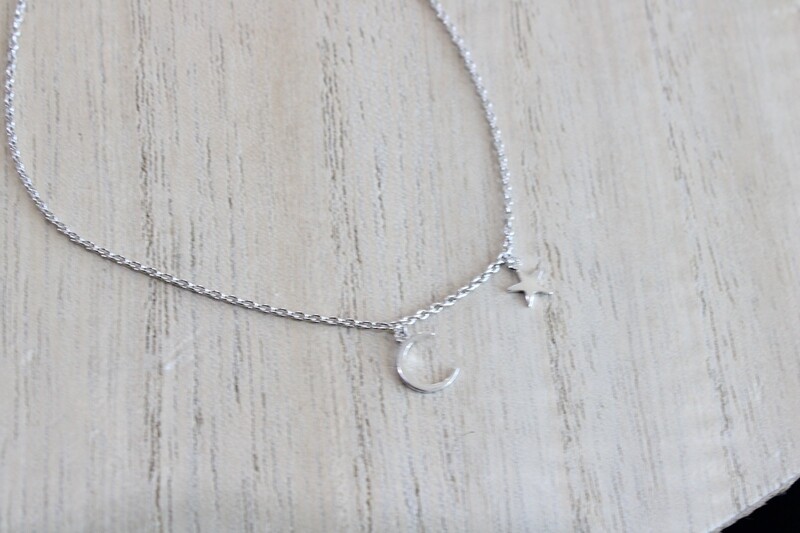 Sterling Silver Moon &amp; Star Dangle Anklet 