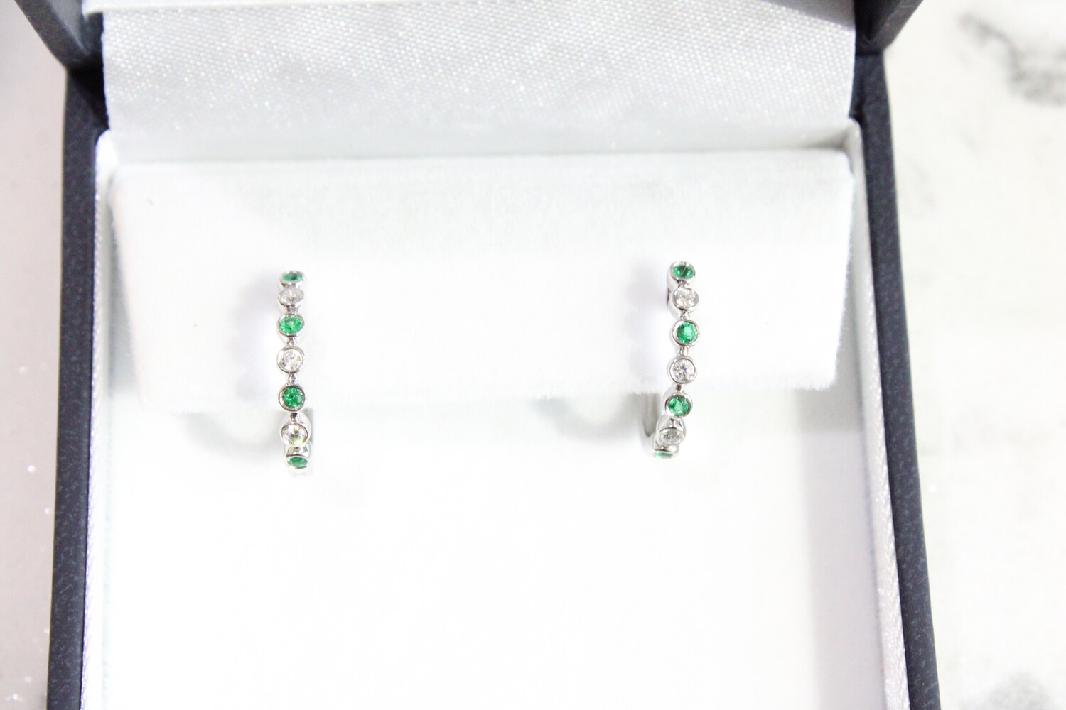 14ky .23ct Total Diamond &amp; Emerald Bezel Set Hoop Earrings, 6 Diamonds at .10ct Total &amp; 8 Emeralds at .13ct Total 