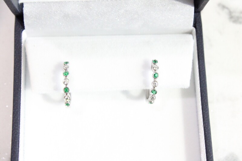 14ky .23ct Total Diamond &amp; Emerald Bezel Set Hoop Earrings, 6 Diamonds at .10ct Total &amp; 8 Emeralds at .13ct Total 